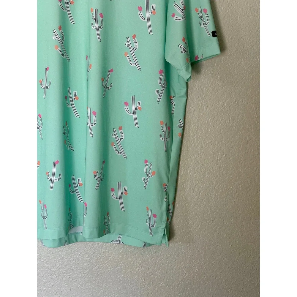 Bad Birdie Mens XL Mint Green Cactus Print‎ Golf Polo Shirt Short Sleeve Stretch